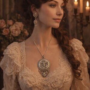 Elegant Goldette Silver tone Medallion Necklace and earrings